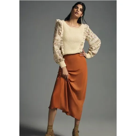 NWT | By Anthropologie Printed-Sleeve Ruffle Sweater Size Large - Picture 2 of 9